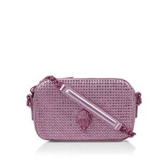 The Kensington Small Camera Bag Is Designed With A Metallic Pink Exterior Embellished With Pink Jewels On The Front With Open Pocket On The Back Finished With Pink Eagle Head Emblem. The Removable Pink Chain Strap Sits Across The Body With The Pink Zipper Opening To A Lined Interior With Small Open Pocket. Height: 4.5" Width: 5.5" Depth: 2" 22" Crossbody Strap .9 Lb *The Multiple Images Show The Same Bag In Different Lighting. In Daylight The Handbag Appear Lighter; In Low Lighting It Appears Mo Bolsas Kurt Geiger, Small Camera Bag, Pink Chain, Chunky Gold Chain, London Bags, Pink Jewels, Purple Bag, Small Camera, Chain Strap Bag