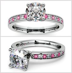 Twelve round cut diamonds and twelve pink sapphire gemstones are alternately pave set in this white gold gemstone engagement ring setting.