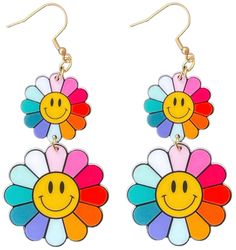 60s Smiley Rainbow Betty Flower Earrings - Relic828 Y2k Outfit Ideas, Colorful Earrings, Step Back, Sensitive Ears, Back In Time, Retro Inspired, Flower Earrings, Smiley, Flower Power