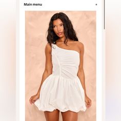 Say Hello To Your New Season Staple With This White Shoulder Ruched Puff Ball Dress. This Dress Is Brought To You In A White Hue With A One Shoulder Design, Ruched Detailing And A Puff Ball Style, What's Not To Love? This Puff Ball Dress Will Have You Looking On-Point Doll. Style This With Your High Heels And Accessories For A Vibe Like No Other. Length Approx 81cm/32" (Based On A Sample Size Uk 8) Model Wears Size Uk 8/ Eu 36/ Aus 8/ Us 4 Model Height - 5ft 6" Chic Ruched Bubble Dress For Parties, Chic Party Bubble Dress With Ruched Detail, Fitted Ruched Bubble Dress, Spring Ruched Mini Bubble Dress, Fitted Ruched Bubble Dress With Bubble Hem, Elegant Ruched Bubble Hem Dress, Chic Ruched Bubble Dress For Summer, Elegant Ruched Dress With Bubble Hem, Chic Ruched Bubble Hem Dress