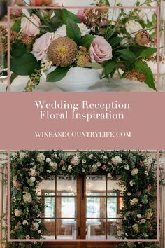 the wedding reception floral display with pink flowers and greenery