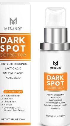 MESANDY Dark Spot Corrector, Dark Spot Remover For Face Serum Formulated with Advanced Ingredient 4-Butylresorcinol, Kojic Acid, Lactic Acid, Salicylic Acid and Licorice Root Extract | Improves Hyperpigmentation, Facial Freckles, Melasma, Brown Spots and Other Stubborn Spots
 • 

Brand	MESANDY

Skin type	Sensitive

Item form	Drop
 • About this item

Spots Issue Targeted Facial Serum : Our dark spot remover for face serum is a regimen targeted facial spots issue, including but not limited in sun spots, facial freckles, melasma, brown spots. Made with the main positive anti-spots ingredients 4-butylresorcinol, kojic Acid, lactic acid and salicylic acid, which restore skin's complexion by blocking tyrosinase to fade pigmentation.

Effective: Mesandy dark spot corrector for face serum penet Retinol Vitamin C, Regular Skin Care Routine, Wrinkle Repair, Licorice Root Extract