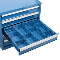 a blue tool box with drawers open