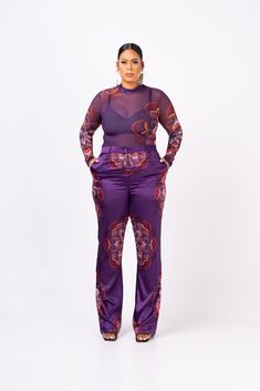 Printed silk pants 95% polyester  5% spandex Hand wash Model is 5 8" wearing size S High waisted Elastic waist Unlined Side pockets 47.5 inches long (inseam 35 inches ) -Based on size S Stretch Full Length Purple Pants, Full Length Purple Pants, Elegant High-waisted Purple Pants, Purple Pants For Night Out In Spring, Purple Pants For Spring Night Out, Elegant Full-length Purple Bottoms, Elegant Full Length Purple Bottoms, Elegant Purple Long Pants, Elegant Long Purple Pants