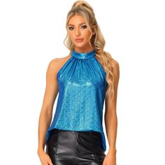 Lightweight, light stretch, and comfortable for all-day wearing, thanks to the soft-lined fabric. Pair this halter top with leggings, skirts, shorts, or jeans to show your charming silhouette. You'll appreciate the easy fit of this tank during your laziest days on weekends. Your glittering personality will shine through in this breezy stretchy metallic flashing halter neck top. Hip Hop Costumes, Plus Size Summer Tops, Vintage Machine, Womens Halter Tops, Strappy Tank Tops, Shiny Fabric, Halter Neck Top, Halter Tops, Vest Shirt