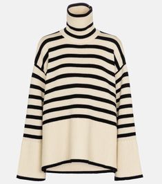 Striped Turtleneck Wool Blend Sweater in Beige - Toteme | Mytheresa Fashion Jackson, Go To New York, Estilo Chic, Striped Turtleneck, Oversized Pullover, Beige Sweater, Wool Blend Sweater, Cotton Sweater, Black Design