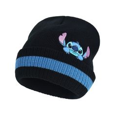 a black beanie with blue and pink stitching on the front, featuring an adorable stitch