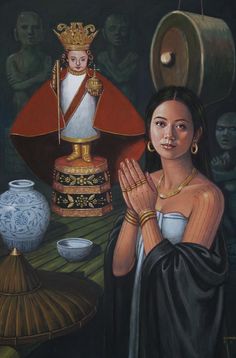 a painting of a woman with her hands clasped in front of a statue and other items