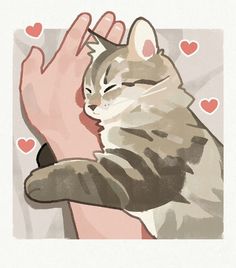 a drawing of a cat being petted by someone's hand with hearts in the background