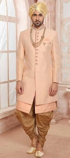 Pink and Majenta color Sherwani in Silk fabric with Broches, Embroidered, Thread, Zari work Luxury Long Sleeve Pink Sherwani, Luxury Pink Sherwani For Diwali, Luxury Pink Sherwani For Transitional Season, Luxury Pink Sherwani With Zari Work, Zari Work, Thread Work, Silk Fabric, Thread, Silk