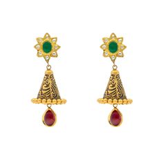 This adorable pair of 22k gold Jhumka earrings feature engraved details accentuated by vibrant gemstones. Features • 22k yellow gold • Emerald • Rubies • Engraved details Virani Jewelers is a leading Indian gold jewelry store in the Iselin, New Jersey specializing in exquisite 22k gold jewelry designs. Shop with us for the finest Indian jewelry and experience the beauty and elegance of our luxury gold jewelry creations. Specifications: • Minimum Earrings Width - 2 millimeters • Maximum Earrings Gold Jewelry Designs, Antique Jhumka, Gold Jhumka, Gold Jhumka Earrings, 22k Gold Jewelry, Gold Jewelry Stores, Gold Jewelry Indian, Jhumka Earrings, Gold Jewellery Design