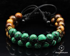 "Men's Bracelet Natural Malachite & Tiger Eye Beaded Protection Men's Bracelet Women's Bracelet Crystal Bracelet Father's Day Gift -ALL THE PRODUCTS AT ELISAJEWELRYART ARE HANDMADE AND MADE WITH NATURAL BEADS. -WHAT DOES THE MALACHITE STAND FOR Malachite is a stone of balance, abundance, manifestation and intention. Malachite absorbs energy and draws emotions to the surface. It clears and activates all Chakras, and is especially helpful in the stimulation of the Heart and Throat Chakras. Malachi Luxury Elegant Malachite Bracelets, Adjustable Malachite Spiritual Bracelet, Adjustable Spiritual Malachite Bracelets, Adjustable Spiritual Malachite Bracelet, Handmade Malachite Spiritual Beaded Bracelets, Handmade Malachite Beaded Bracelets For Spiritual Use, Adjustable Hand-strung Malachite Bracelets, Adjustable Malachite Bracelets, Adjustable Malachite Bead Bracelets