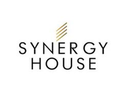 the synergy house logo is shown in black and gold, with a white background