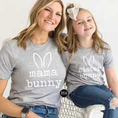 Mama Bunny Sister Bunny, Cute Mommy and Me Easter Shirts, Matching Mommy and Me Easter Tees for Girls, Mama Easter Shirt, Mini Easter Shirt This listing is for ( 1 ) Bella Canvas t-shirt of your choice in adult Unisex or Kids Unisex sizes.  To order MULTIPLES, add to cart one at a time. (*other brands occasionally when necessary for stock issues) Adult shirts are available in the following colors: Berry, Pink, Yellow, Heather Gray, Mint, Lavender, Turquoise Kids shirts are available in the follo Fitted Crew Neck Top For Family Matching, Family Matching Gray Short Sleeve Tops, Gray Family Matching Short Sleeve Tops, Family Matching Gray Tops With Letter Print, Spring Family Matching Long Sleeve Tops, Family Matching Long Sleeve Tops For Spring, Gray Family Matching Tops With Letter Print, Gray Tops With Letter Print For Family Matching, Cute Gray Tops With Letter Print