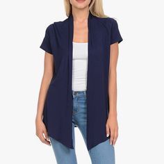 New In Package Navy Open Cardigan~ Short Sleeved In Small Open Faced~ No Buttons Lightweight Material Casual Solid Color Blue Cardigan, Casual Blue Solid Color Cardigan, Casual Open Front Top In Solid Color, Fitted Navy Casual Cardigan, Casual Blue Cardigan For Layering, Blue V-neck Outerwear For Layering, Short Sleeve Cardigan For Fall, Solid Short Sleeve Cardigan For Fall, Navy Casual Cardigan For Spring