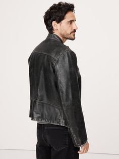 Whether you're burning rubber or the midnight oil, no bike is required to rock this design.  Classically crafted from soft burnished leather, giving it a slightly worn affect, this biker jacket is all the action you need.  WARMER: Lightly lined with quilted lining so you can layer it through the seasons.  Banded collar.  Zip front and zip cuffs.  Chest and front pockets.  Fully lined.  LEATHER WORKING GROUP: By purchasing this product, you are supporting responsible leather manufacturing through Midnight Oil, The Midnight, Leather Biker Jacket, Band Collar, The Seasons, Leather Jacket Men, Moto Jacket, Biker Jacket, Hip Length