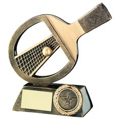 a gold trophy with a star on top and a tennis racket in the middle