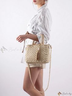 Bird in Bag - Exquisitely Crafted Handwoven Straw Shoulder & Crossbody Bag Adorned with Elegant Faux Pearl Beaded Tassels Rectangular Braided Bags For Shopping, Rectangular Braided Bag For Shopping, Rectangular Braided Shopping Bags, Braided Rectangular Shopping Bag, Woven Straw Crossbody Bag For Shopping, Braided Shoulder Bag For Shopping, Summer Square Straw Bag With Detachable Strap, Chic Rectangular Braided Bags, Chic Braided Rectangular Bag