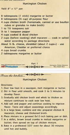 an old recipe book with instructions on how to make chicken and what to put in it