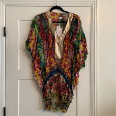 Nwt!! Multi Colored Kaftan Cover Up Size Xs. V-neck Floral Print Festival Cover-up, Fitted V-neck Kaftan For Vacation, Summer V-neck Tunic With Vibrant Print, Spring Short Sleeve Free Size Cover-up, Bohemian Summer Tunic With Vibrant Print, Fitted V-neck Bohemian Kaftan, Multicolor Beachwear Tunic For Spring, Multicolor Short Sleeve Kaftan For Spring, Multicolor Short Sleeve Spring Kaftan