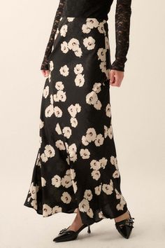 Floral-print maxi skirt. Floral jacquard fabric. Elastic waist. A-line silhouette. Partial thigh-length lining. Ankle length. Relaxed fit. 100% Polyester. Imported. Designed in LA. Model wears size S. Dark Florals Outfit, Elegant A-line Bottoms With Floral Print, Spring Silk A-line Maxi Skirt, Chic Floral Print Midi Maxi Skirt, Chic Midi Length Floral Maxi Skirt, Elegant Floral Print Evening Skirt, Elegant Evening Skirt With Floral Print, Elegant Evening Floral Print Skirt, Floral Print Maxi Skirt For Parties