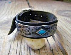 Men's Black Leather Cuff Bracelet * Deep Stamping * Sundance Catalog Artist  | eBay Adjustable Concho Cuff Jewelry, Adjustable Vintage Rectangular Cuff Bracelet, Artisan Concho Cuff Bracelet As Gift, Southwestern Concho Cuff Bracelet Gift, Vintage Cuff Bracelet With Wrist Strap, Artisan Cuff Bracelet With Concho As Gift, Vintage Cuff Bracelets With Wrist Strap, Adjustable Vintage Cuff Bracelet With Wrist Strap, Silver Bracelet With Wrist Strap As Gift