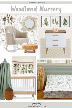 the nursery room is decorated in neutrals and greens