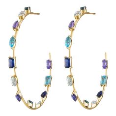 This stunning everyday hoop is  available in small 1 inch or large 2 inches around. Features 2 cts or 4 cts of colored stones assembled in the signature EP way. Luxury Blue Hoop Jewelry, Luxury Hoop Multi-stone Jewelry, Luxury Multi-stone Hoop Jewelry, Luxury Blue Hoop Earrings, Gold Goddess, Colored Stones, Shades Of Blue, Stone Color, 1 Inch