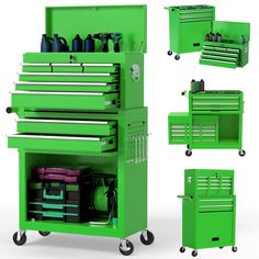 the green tool cabinet has many different tools in it