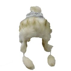 Knit trapper hat with faux fur edging, pom pom, tie ends, and flap lining. Soft, cozy warm winter hat with thick fleece lining. One size fits most. 50% acrylic, 50% polyester Adjustable Winter Hat With Feather Trim, Adjustable Warm Winter Costume Hats And Headpieces, Warm Faux Fur Hats With Ear Flaps, Warm Faux Fur Beanie, Adjustable Hats With Faux Fur Trim For Cold Weather, Adjustable Beanie Costume Hat For Winter, White Beanie Costume Hat For Winter, White Hat With Faux Fur Lining For Winter, Adjustable Faux Fur Trim Hats For Cold Weather