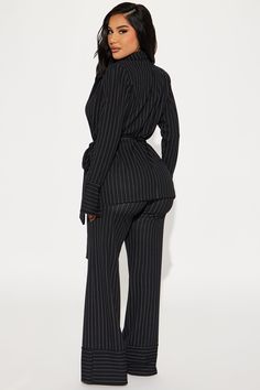 Available In Black/combo. Pinstripe Pant Set Blazer Collar Shoulder Pads Tie Waist Straight Leg Pant Stretch 33" Inseam Disclaimer: Stripe Placement May Vary Self: 95% Polyester 5% Spandex Imported | Next Level Pinstripe Pant Set in Black size XL by Fashion Nova Fashion Nova Work Outfits, Pinstripe Suit Women, Blazer Collar, Gina Torres, Outfit References, Straight Leg Pant, Pinstripe Pants, Pinstripe Suit, Stage Outfits