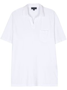 white cotton lightweight jersey polo collar V-neck short sleeves chest patch pocket unlined straight hem White V-neck Top With Seamless Collar, Classic Cotton V-neck Shirt, White V-neck Polo Shirt For Summer, Classic V-neck Cotton Shirt, Cotton Tops With Welt Pockets And Collared Neckline, White V-neck Tops With Pockets, White Johnny Collar Tops With Pockets, Classic White Tops With Welt Pockets, Classic Tops With Collared Neckline And Welt Pockets