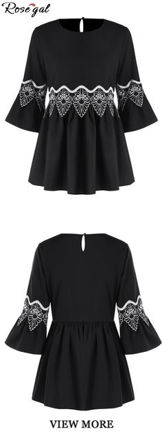 Up to 40% off. Free shipping worldwide.Applique Flare Sleeve Blouse.Fashion  blouse for women.#spring#summer#blouses#rosegal#black#womens Shirt Dress Tutorials, T Shirt Outfit, Womens Outfits, Basic Fashion, Hijab Styles, Womens Blouses, Shirts Women Fashion, Outfit Hijab