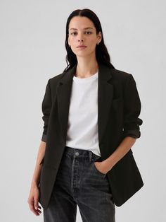 Soft, warm brushed twill relaxed blazer.  Notch lapel.  Long sleeves.  Button front.  Front welt pockets.  Fit: Relaxed.  A straight & easy fit.  For a Classic fit, go down one Relaxed Blazer, Profile Photography, Headshots Women, Jumper Short, Corporate Outfits, Black Wrap Dress, New Wardrobe, Black Blazers, The Gap