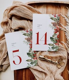 two cards with the number fourteen on them next to a pair of scissors and some yarn