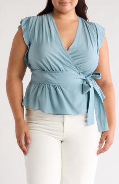 Go from the work day to weekend in this lightweight silk-kissed wrap top fashioned with cap sleeves, a tie waist and fluttery peplum. True wrap style with side tie closure Surplice V-neck Cap sleeves 85% viscose, 15% silk Dry clean Imported Classy Blouses, Wrap Top, Cap Sleeve, Wrap Style, Cap Sleeves, Nordstrom Rack, Top Styles, Shirt Blouses, Top Blouse