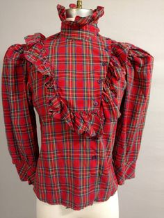 Plaid Long Sleeve Blouse With Ruffles, Fitted Plaid Puff Sleeve Blouse, Plaid Fitted Blouse With Puff Sleeves, Red Puff Sleeve Blouse With Ruffles, Fitted Plaid Blouse With Puff Sleeves, Vintage Red Blouse For Fall, Fall Plaid Top With Ruffles, Fall Plaid Ruffled Tops, Retro Long Sleeve Ruffled Tops