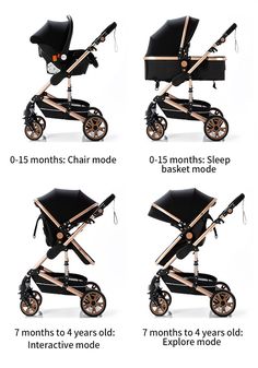 four different types of baby strollers with instructions on how to use the stroller