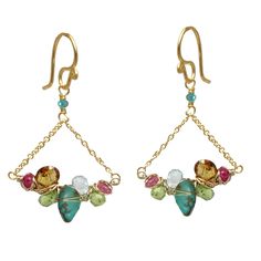 Woven Turquoise, Peridot, Pink Ruby, And Citrine On Chain Earrings - Usa Made