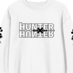 Embrace the adventurous spirit of Hunter x Hunter with this adult white crew neck long sleeve sweatshirt. The front showcases the iconic Hunter x Hunter logo, while the back features a dynamic illustration of Gon and Killua in action. Black patterns on the sleeves add a touch of unique flair. Made from a comfortable blend of 50% cotton and 50% polyester, this sweatshirt is perfect for fans looking to stay cozy and stylish. Machine wash it on cold with like colors and tumble dry on low heat for e Hunter X Hunter Logo, Dynamic Illustration, Hunter X Hunter Gon, Gon And Killua, Adventure Time Princesses, Hunter Logo, Stormtrooper Helmet, Gon Killua, Jockey Mens