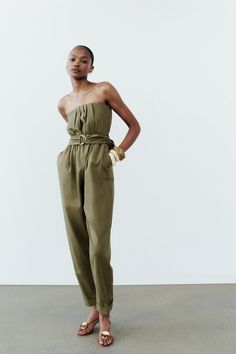 BELTED STRAPLESS LINEN BLEND JUMPSUIT - Khaki | ZARA United States Trench Coat Dress, Zara Jumpsuit, Zara Pants, Swimwear Accessories, Linen Shirt, Linen Blend, Sweater Cardigan, Pant Jumpsuit, Hoodie Shirt