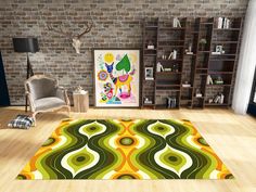 a living room with a brick wall and colorful rugs on the hardwood flooring