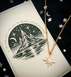 To the Stars who Listen, and the Dreams that are Answered The perfect necklace not just for any ACOTAR fan, but to symbolize hopes and dreams and the beautiful power of Fate bringing them to reality.  A sparkling starburst pendant is set on a dainty gold chain and packaged with the beautiful quote from ACOMAF.  This is the perfect gift for any ACOTAR or Rhysand lover... or to keep for yourself.    - All components and are Lead & Nickel Free - Gold-plated chain measures 17.5 inches Your jewelry i Gold Jewelry With Star Print For Gift, Magical Star-shaped Jewelry Gift, Magical Star-shaped Jewelry For Gifts, Star-shaped Charm Necklace With Adjustable Chain For Gifts, Adjustable Star Charm Necklace For Gift, Handmade Star Charm Necklace As Gift, Handmade Star Charm Necklace For Gift, Acotar Crafts, Acotar Jewelry