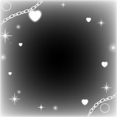 a black and white photo with hearts and stars in the background, as well as a silver chain