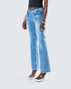 The Y2K jeans of your dreams 💅 With a low rise fit, these denim jeans are the perfect timeless pair for when you want to bring a little extra flare to the occasion 💙 Y2k Style Dark Wash Mid-rise Flare Jeans, Y2k Mid-rise Denim Blue Flare Jeans, Y2k Style Flare Jeans For Spring, Y2k Dark Wash Flare Jeans, Y2k Style Denim Flare Jeans, Y2k Flare Denim Jeans, Y2k Dark Wash Mid-rise Flare Jeans, Y2k High Rise Flare Jeans With Five Pockets, Y2k Flare Jeans With Five Pockets