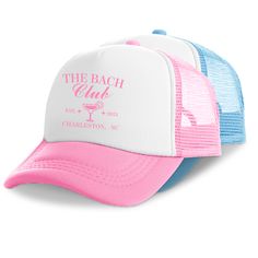 the beach club trucker hat in pink and white with blue mesh back, front view