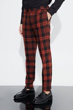 Tall Super Skinny Red Plaid Pants | boohooMAN USA Camp Christmas, Masc Style, Red Plaid Pants, Style Essence, Race Day Outfits, Suits Prom, Going Out Trousers, Patterned Shirts, Tall Hoodies