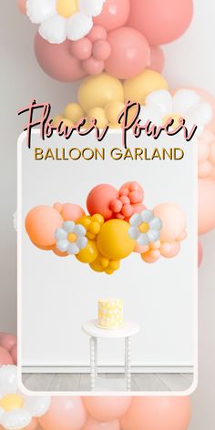 balloons are floating in the air above a table with a cake and flowers on it