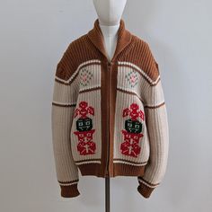 1970's Knit Cowichan Mary Maxim Sweater Totem Pole Design, From Simpsons, Sears Estimated date 1970's/1980's 🧶 100% Acrylic Measurements: Laid Flat P2p 22" Bottom 22" Shoulder 24" Sleeve L 25 & Cuff. 5" Retro Patchwork Knit Sweater, Retro Knitted Outerwear For Fall, Beige Knitted Retro Sweater, Retro Beige Knitted Sweater, Vintage Knit Outerwear For Winter, Retro Knit Outerwear For Winter, Retro Cotton Beige Sweater, Retro Beige Cotton Sweater, Vintage Knitted Brown Outerwear