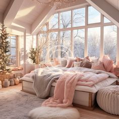 a large bed sitting under a window next to a christmas tree in a room with lots of windows